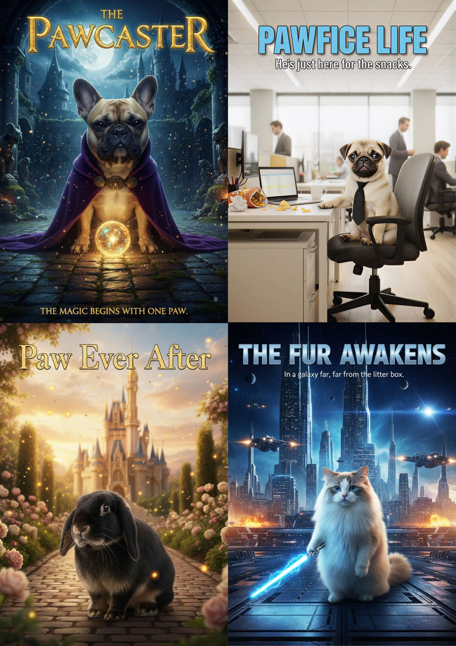 Collage of four movie posters featuring animals in various settings.